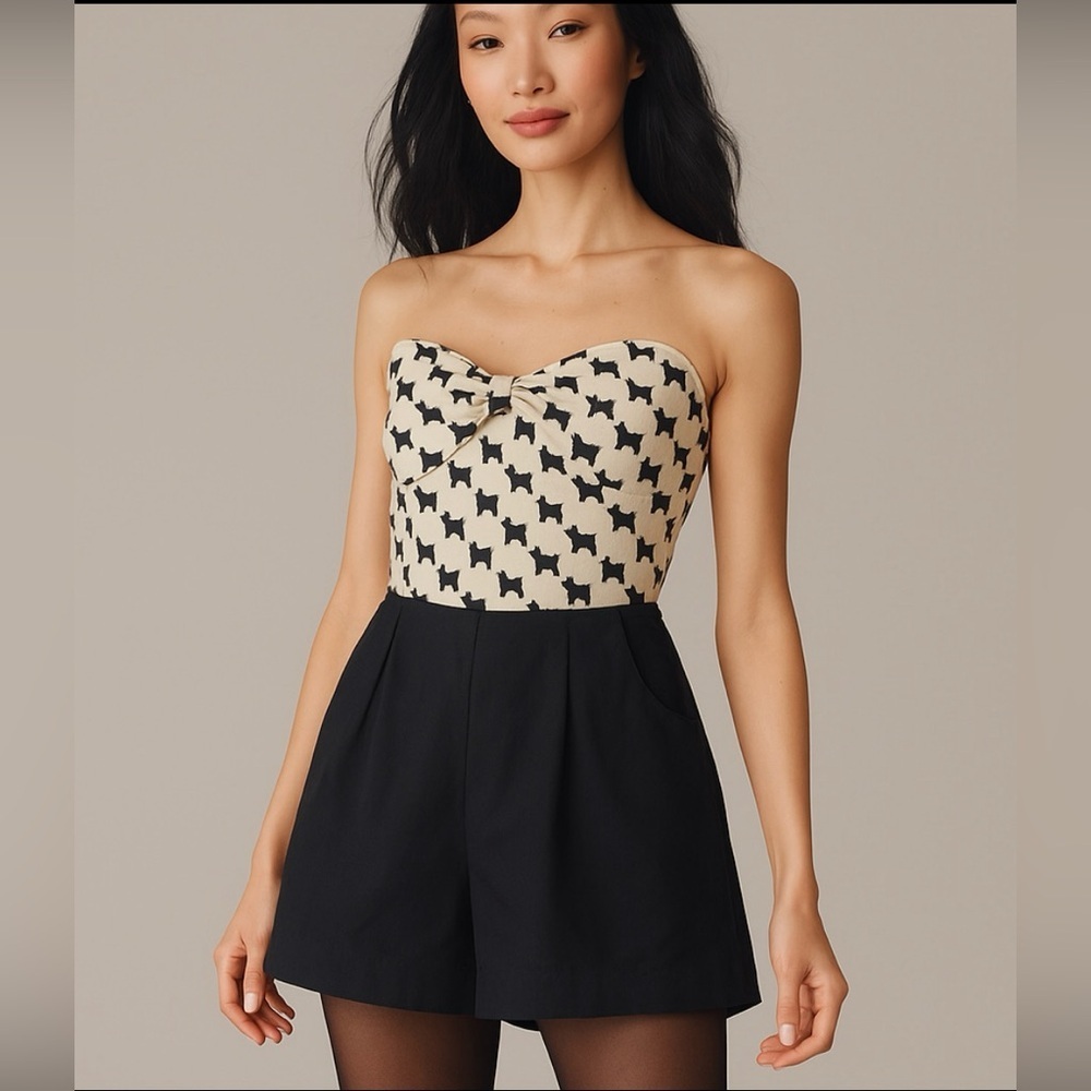 Anthropologie Strapless Black & Cream Dog-Print Romper with Bow